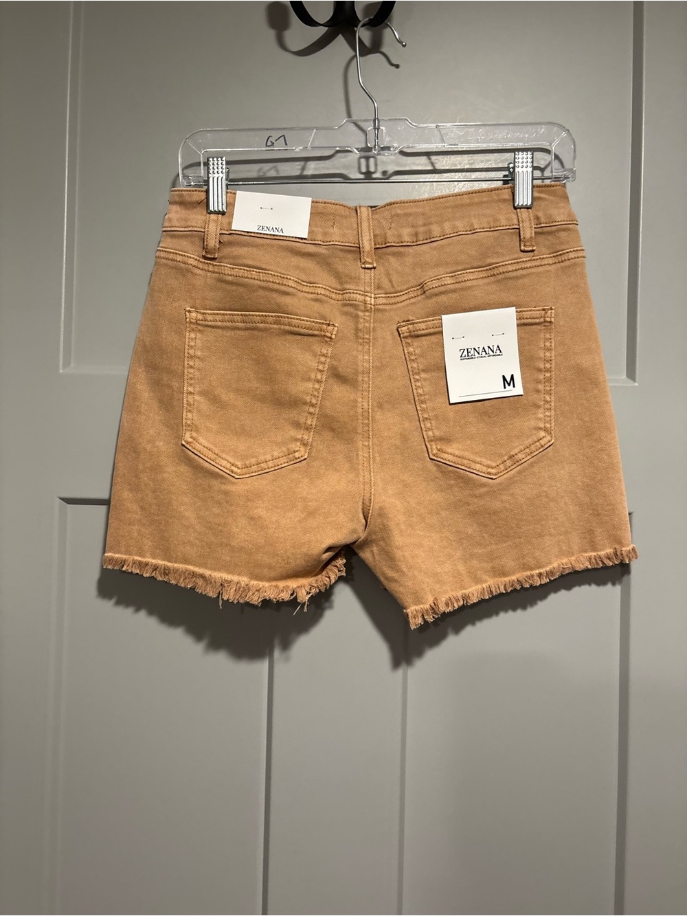 Zenana Outfitters Tan Frayed Hem Denim Shorts - Picture 5 of 6